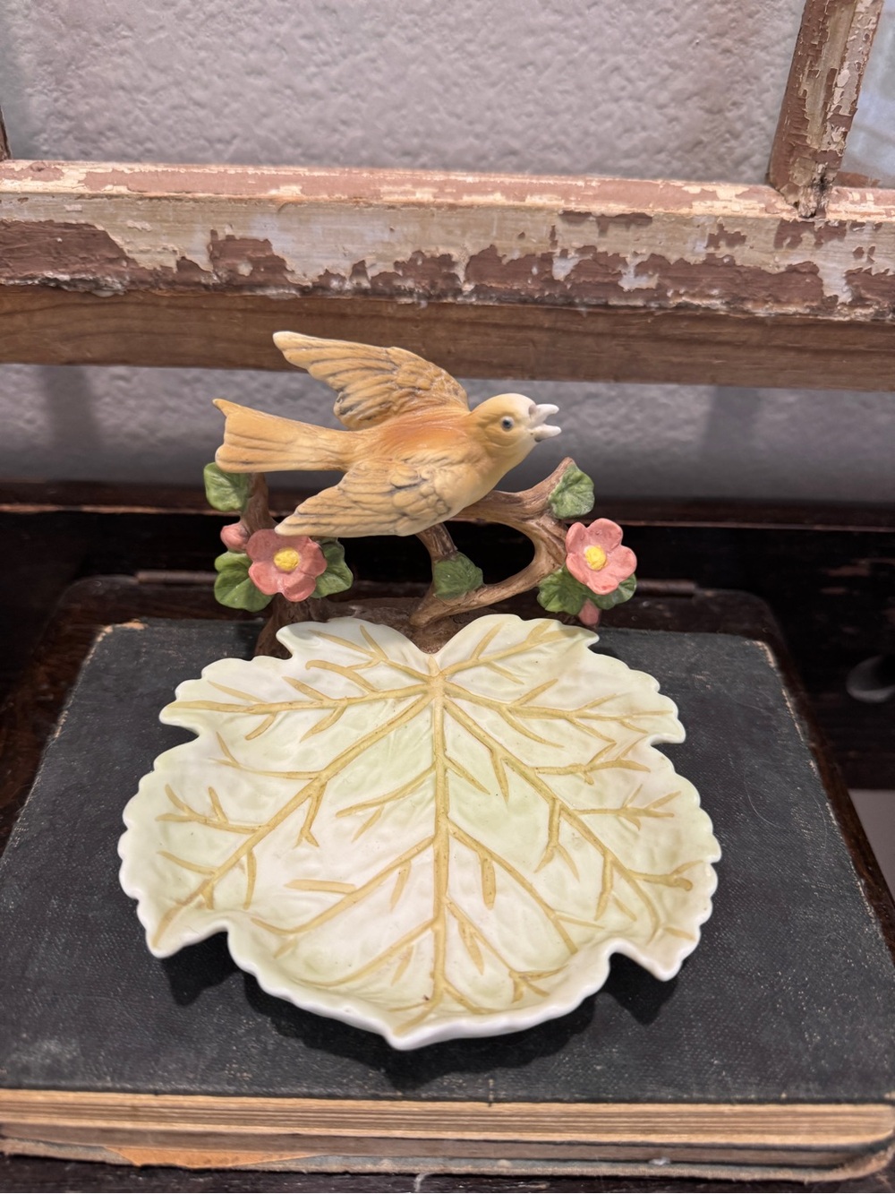 Vintage Decorative Bird & Leaf Trinket Dish in Soft Yellow